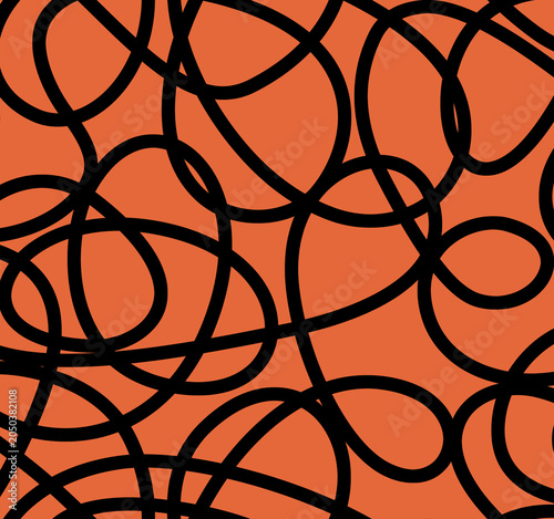 Abstract geometric seamless pattern with tangled black lines. Contemporary orange all over repeat backdrop. Minimalist scribble raster textile design.