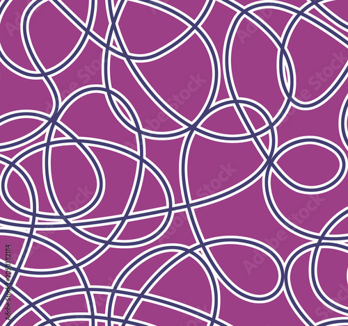 Abstract geometric seamless pattern with tangled white lines. Contemporary purple all over repeat backdrop. Minimalist scribble raster textile design.