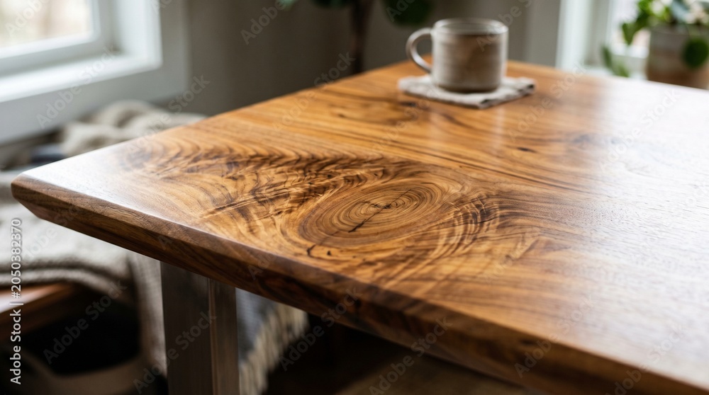 Obraz premium Polished wooden table surface featuring intricate natural grain and swirl patterns