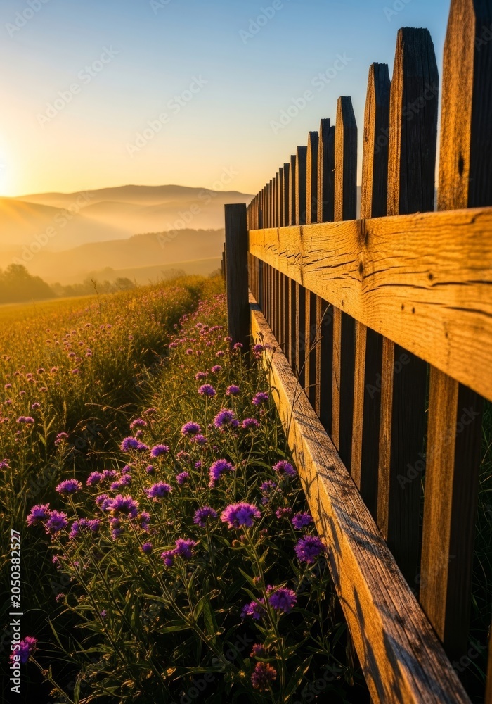 Obraz premium Golden sunlight bathes a weathered wooden fence and blooming wildflowers in a quiet meadow as soft mist rolls over distant rolling hills, fence, beauty, morning
