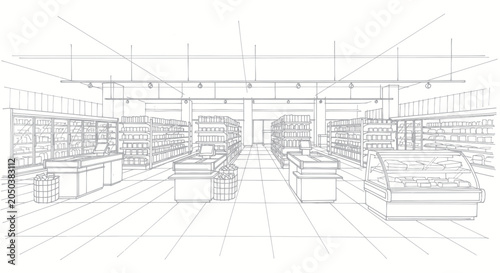 Photos Supermarket Interior Sketch with Aisles and Shelves.