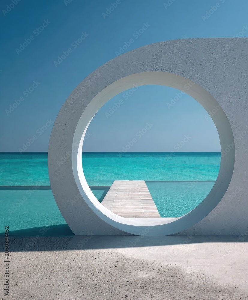 Fototapeta premium White structure frames ocean view, turquoise water, pier leads into azure sea