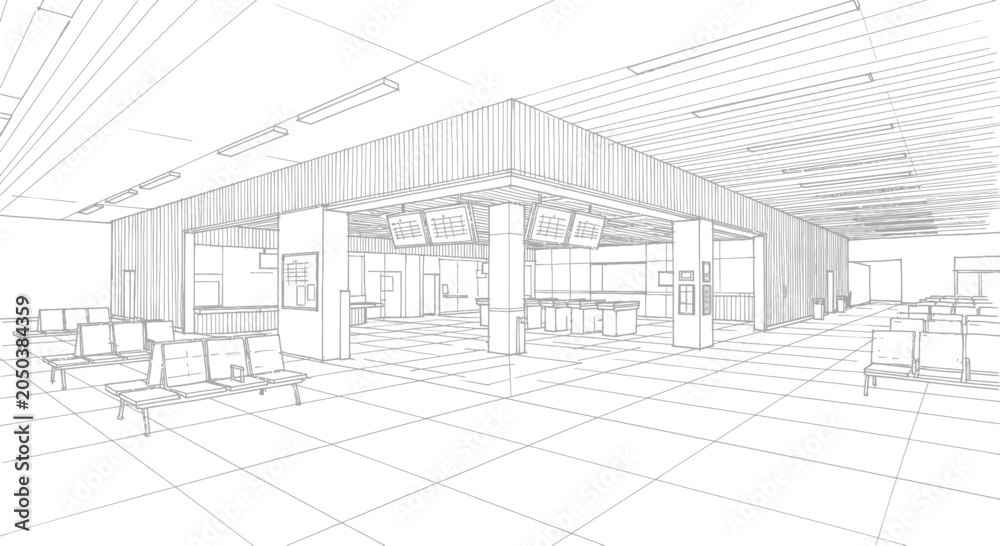 Fototapeta premium Architectural Sketch of a Modern Airport Terminal Interior.