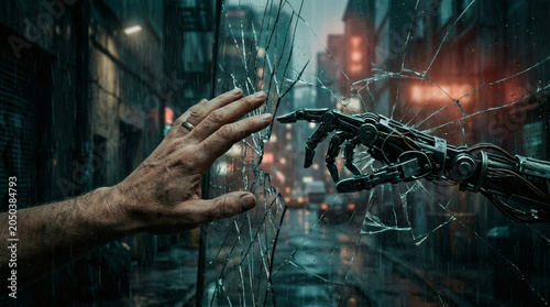 A conceptual image of a human hand reaching toward a cold robotic hand through cracked glass. The barrier creates a sense of failed connection, emotional distance, and mistrust between humans and AI.