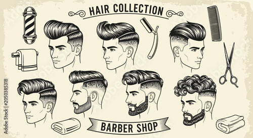 Vintage barber shop haircut styles collection.