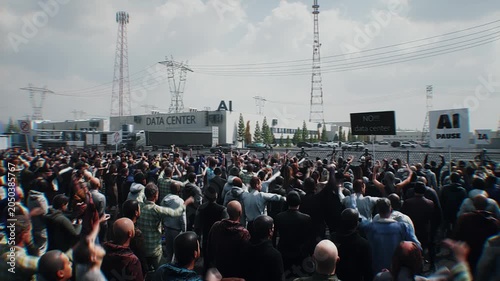 angry crowd protesting AI near a data center, Robot carrying weapon, anti-AI concept. Realistic 4k animation.