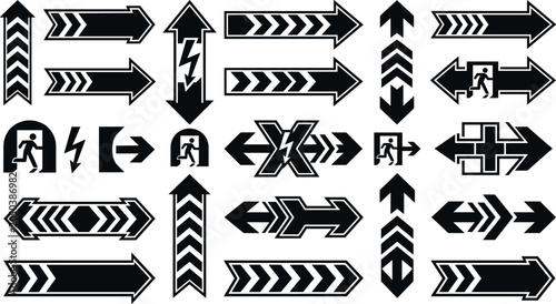 Tableau sur toile Black Directional Arrow Icon Set with Emergency Exit Symbols, Wayfinding Chevron