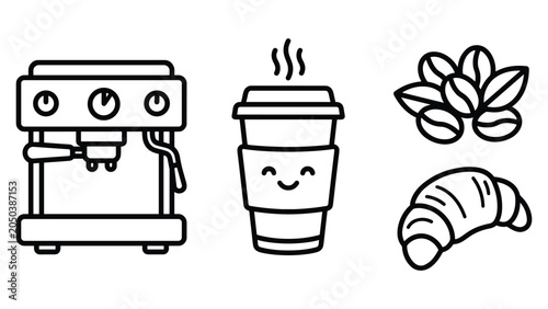 Foto Coffee break set including espresso machine paper cup of coffee beans and fresh croissant