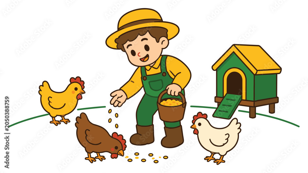 Fototapeta premium Young farmer feeding chickens in poultry yard with green coop at sunny rustic farm site.