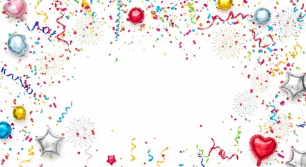 Celebration border with colorful confetti streamers and star balloons.