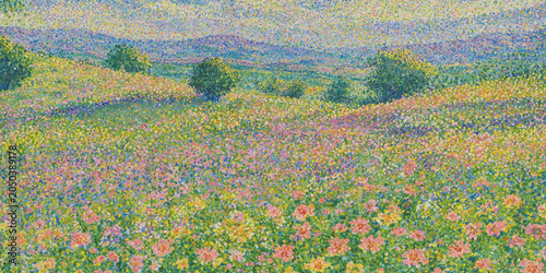 Fotografia Flowering meadow with trees pointillist painting style