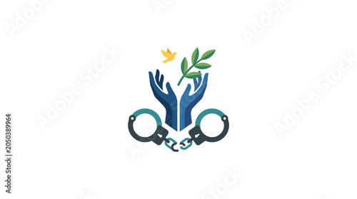 Konstfotografi Broken Handcuffs with Raised Hands and Dove of Peace