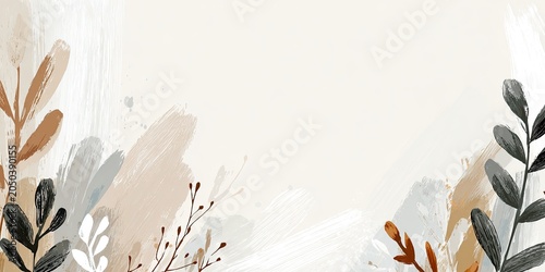 Watercolor painting with beige, brown, and grey leaf elements on a neutral background