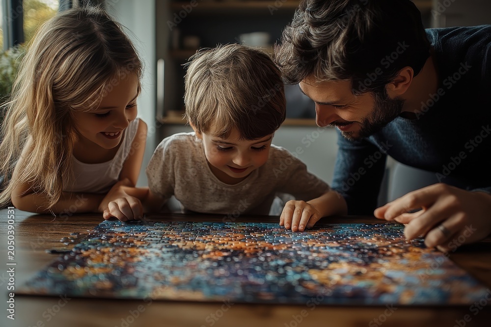 Fototapeta premium Family working on a puzzle together with natural light indoors
