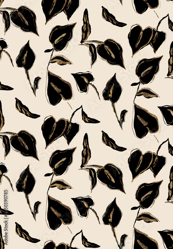 Hand-drawn block print floral seamless pattern. Artistic black caladium leaves on beige background. Expressive textured all over repeat raster design.