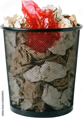 A black metal mesh trash can filled with crumpled brown paper and a single bright red plastic bag overflowing at the top waste bin garbage can office bin bin waste rubbish