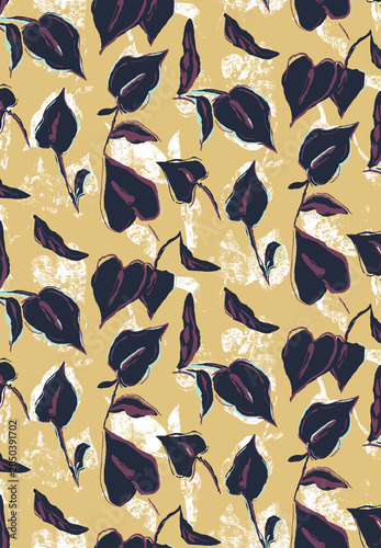 Hand-drawn block print floral seamless pattern. Artistic dark caladium leaves on yellow background. Expressive textured all over repeat raster design.
