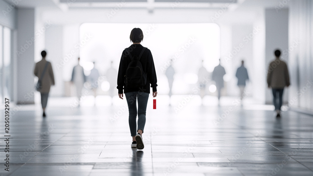Fototapeta premium Woman walking down a bright hallway