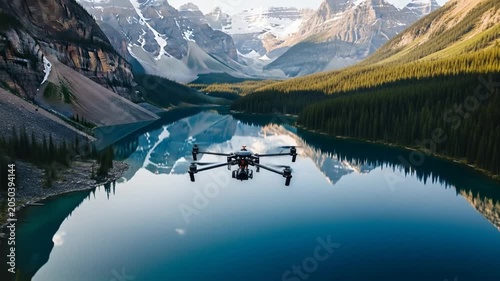 Drone flying over a stunning mountain lake reflecting the peaks.