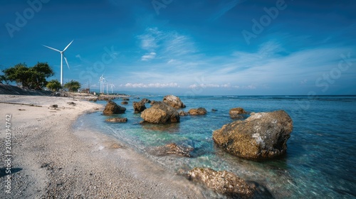 Coastal scene with wind turbines, rocks on shore, and clear blue sky