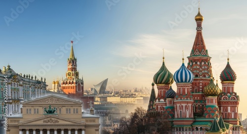 Saint Basil Cathedral and Spasskaya Tower of Moscow Kremlin. Famous architectural landmarks of Russia. Scenic cityscape at sunrise. Travel destination, historical heritage and tourism.