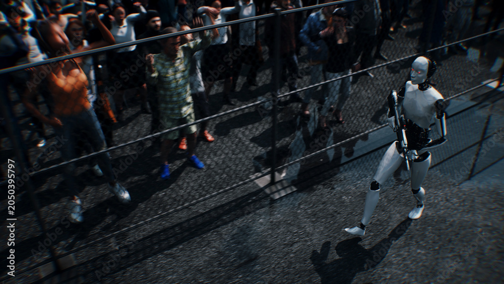 Obraz premium Robot carrying weapon, angry crowd protesting AI near a data center, anti-AI concept. 3d rendering.