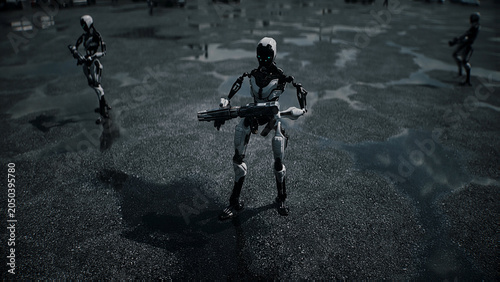 Fotografía Robot carrying weapon, angry crowd protesting AI near a data center, anti-AI concept