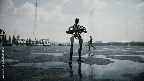 Cuadro en lienzo Robot carrying weapon, angry crowd protesting AI near a data center, anti-AI concept