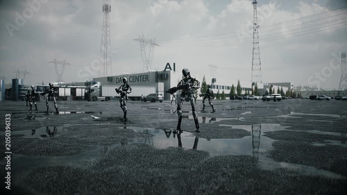 Robot carrying weapon, angry crowd protesting AI near a data center, anti-AI concept.