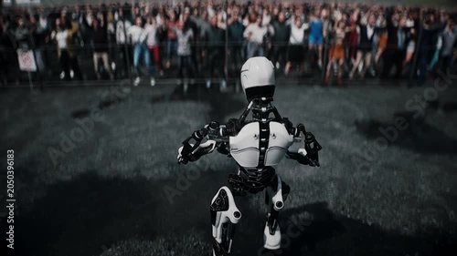 Robot carrying weapon, angry crowd protesting AI near a data center, anti-AI concept.