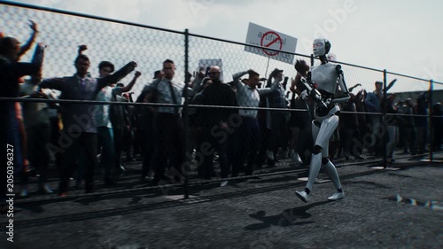 Robot carrying weapon, angry crowd protesting AI near a data center, anti-AI concept.