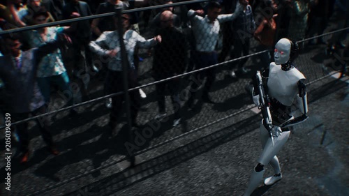 Robot carrying weapon, angry crowd protesting AI near a data center, anti-AI concept.