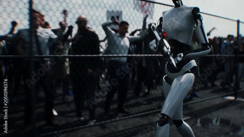 Robot carrying weapon, angry crowd protesting AI near a data center, anti-AI concept.