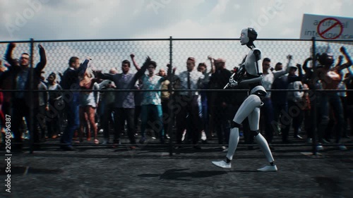 Robot carrying weapon, angry crowd protesting AI near a data center, anti-AI concept.