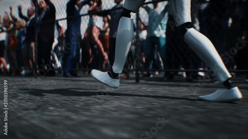 Robot carrying weapon, angry crowd protesting AI near a data center, anti-AI concept.