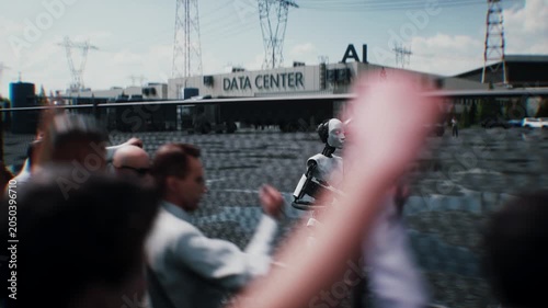 Robot carrying weapon, angry crowd protesting AI near a data center, anti-AI concept.