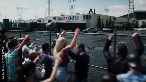Robot carrying weapon, angry crowd protesting AI near a data center, anti-AI concept.
