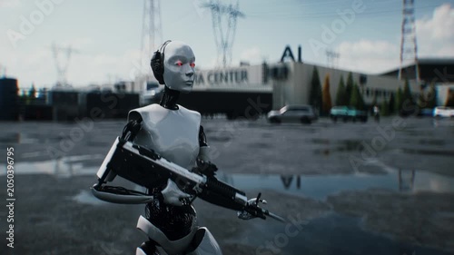 Robot carrying weapon, angry crowd protesting AI near a data center, anti-AI concept.