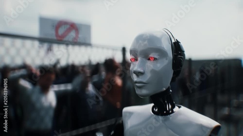 Robot carrying weapon, angry crowd protesting AI near a data center, anti-AI concept.