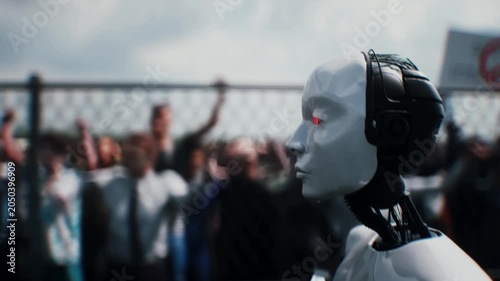 Robot carrying weapon, angry crowd protesting AI near a data center, anti-AI concept.