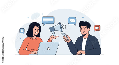 Diverse Business People Communicating Digitally with Laptop, Phone, Megaphone, and Speech Bubbles