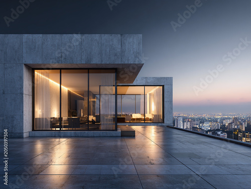 Modern Concrete Rooftop Residence Overlooking City at Dusk