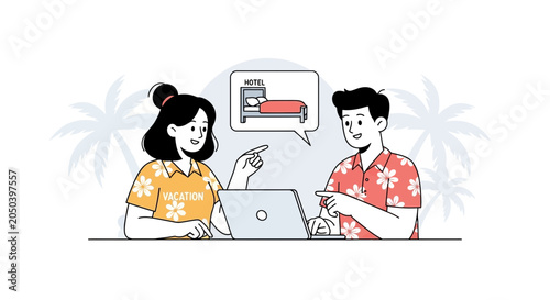 Couple Planning Vacation Online, Booking Hotel Room on Tropical Beach Background