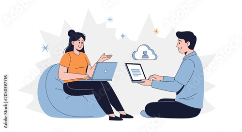 Diverse people collaborating using laptops and cloud technology, symbolizing teamwork and digital connection