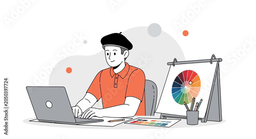 Creative designer working on laptop with color wheel and swatches, illustration of a digital artist concept