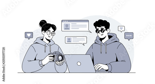 Creative Duo Collaborating on Digital Content Creation with Camera and Laptop