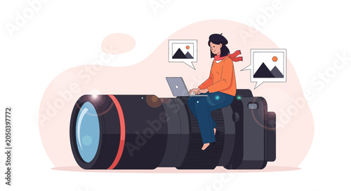 Creative Freelancer Working on Photography Project with Laptop and Camera, Digital Art Concept