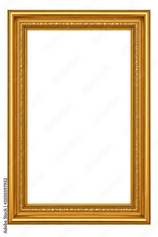 Fototapeta premium Golden picture frame on white background, empty and ornate