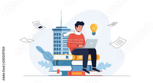 Creative Student Working on Laptop on Stack of Books with Lightbulb Idea Symbol and City Background