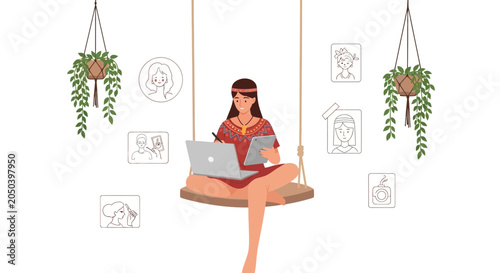 Creative Woman Working on Laptop and Tablet While Relaxing on a Swing with Artwork and Plants